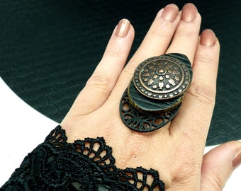 Long black and copper ring in metal horn and metallic resin GOT adjustable adjustable