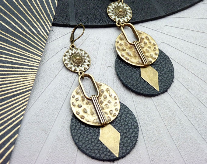 Black leather and hammered bronze metal earrings, sun motif, ethnic, KAJIM Clip-on option Best seller