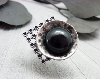 Aged silver ring with black agate stone, adjustable BLACK QUADRI graphic