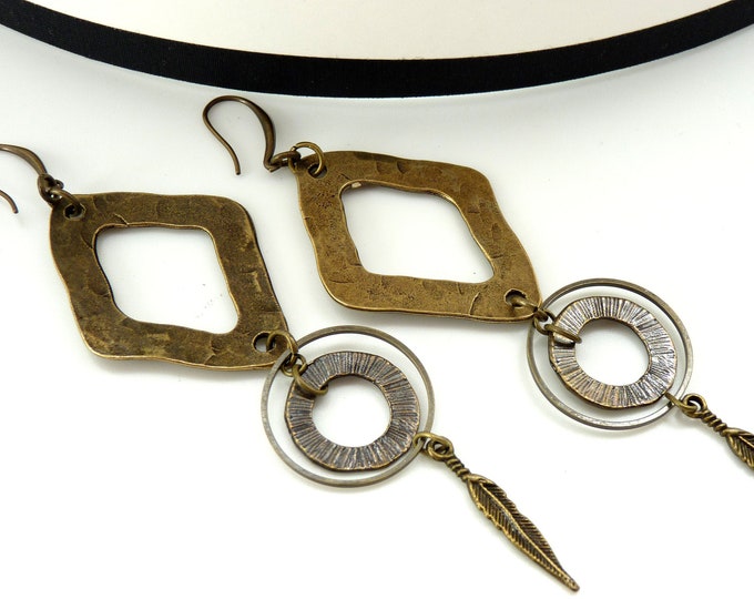 CHEYENNE long hammered bronze metal earrings, Clip-on option, Best seller