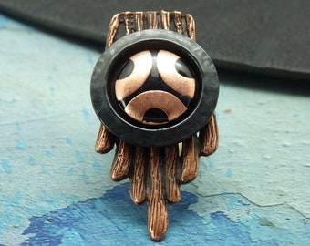 Long copper and black metal ring, graphic KIARA COPPER adjustable adjustable