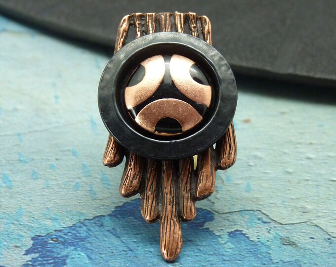 Long copper and black metal ring, graphic KIARA COPPER adjustable adjustable