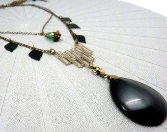 Large black agate stone pendant necklace and green glass drop old art deco style SLAVANA