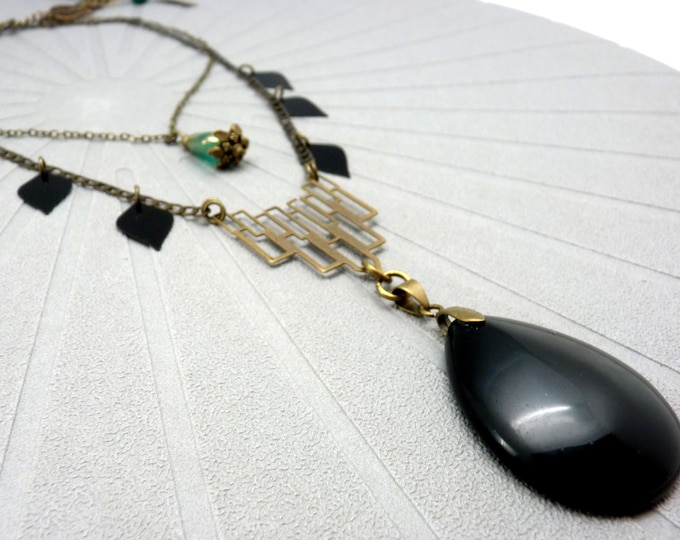 Large black agate stone pendant necklace with green glass drop in old art deco style SLAVANA