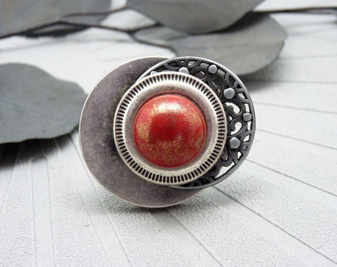 Large Ring aged silver metal lace red glass offset PANDORA RED adjustable adjustable