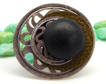 Very Large Ethnic Ring Silver and Black Ebony Wood Bronze Metal ETHNIK Adjustable Best Seller