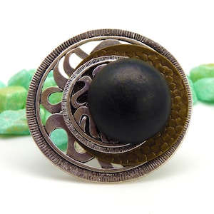Large ethnic ring in silver and black ebony wood, bronze metal - ETHNIK - adjustable