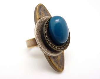 Long bronze ring with duck blue agate stone, black resin and metallic silver CERCEI adjustable adjustable