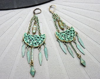 Long boho earrings green bronze oxidized moon feather GRINEDA Clips option