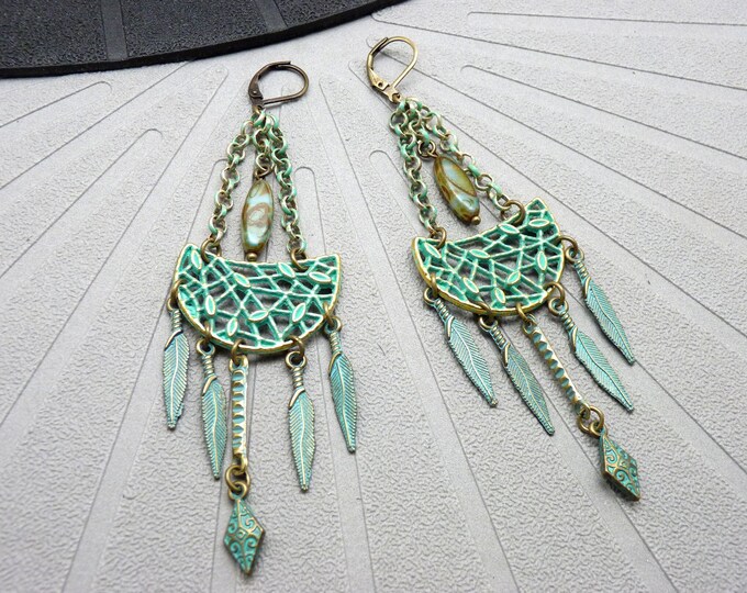 Long boho earrings green bronze oxidized moon feather GRINEDA Clip-on option Last item!