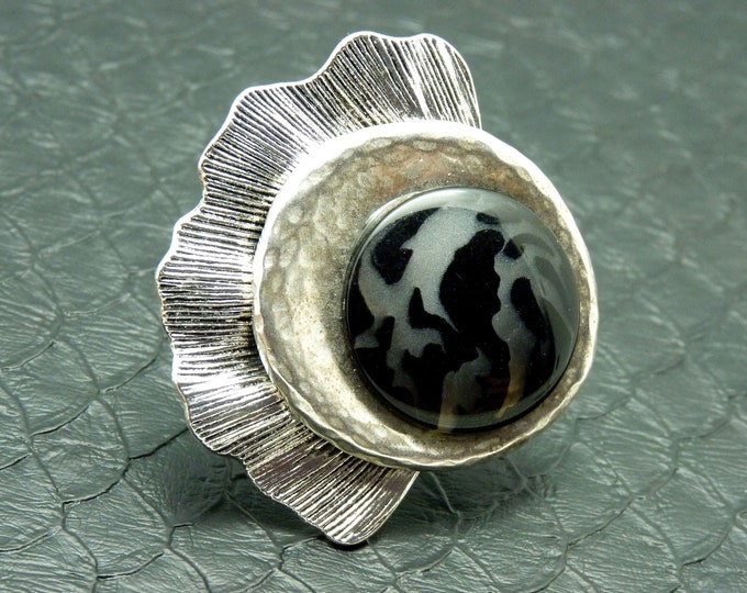 Large silver and black GINGKO SILVER adjustable ring
