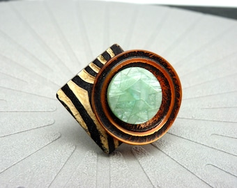 Square and round zebra ring orange and water green graphic resin, ethnic ZEBRELLE adjustable last piece