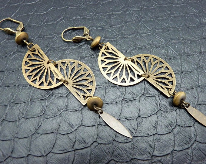 Art Deco earrings in bronze metal with hematite stone MAGDALENA clip-on option