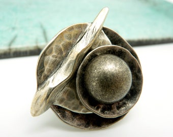 Large hammered aged silver ring, graphic, ATHENA adjustable adjustable Best seller