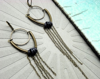 Bronze and aubergine black metal and lava stone earrings, aerial ARYA Clips option