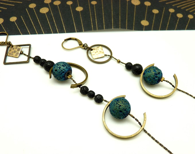 Asymmetrical earrings lava stone blue and black metal bronze half-moon REVEUSES option clips Best seller