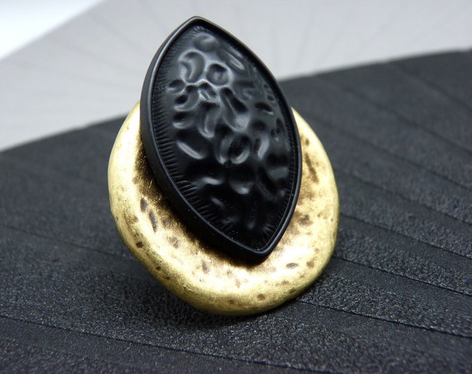 Large vintage gold ring aged black hammered in ZEN metal adjustable adjustable