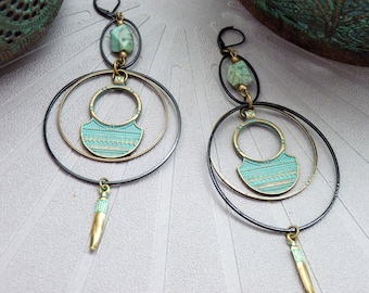 Large ethnic creole earrings oxidized verdigris, African turquoise stone PATINA clip-on option Best seller