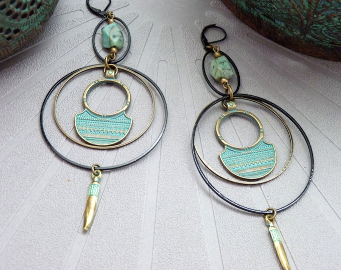 Large ethnic creole earrings oxidized verdigris, African turquoise stone PATINA clip-on option Best seller