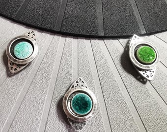 Magnetic brooch in silver-plated metal and duck, celadon blue or apple green ceramic MARQUISE to close a neckline