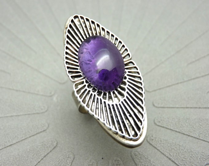 Long silver amethyst ring - art deco - OSMOSE AMETHYSTE - adjustable