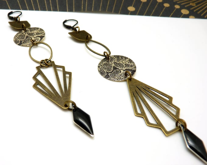 ROSA bronze and black asymmetrical art deco earrings, clip-on option