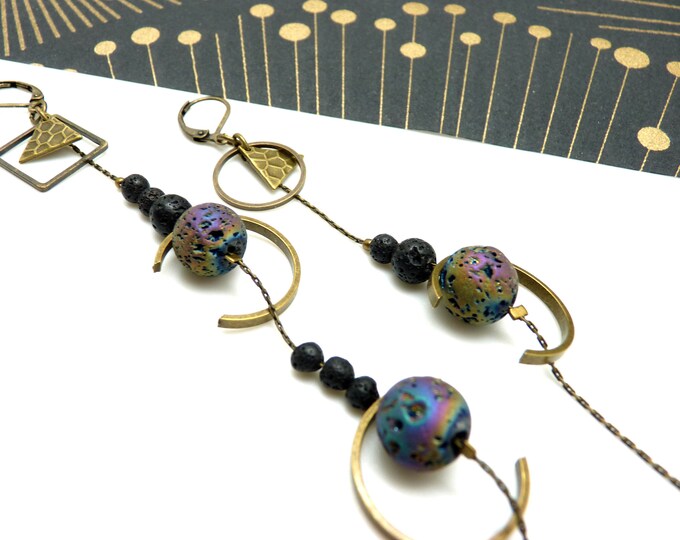 Asymmetrical earrings with metallic and black rainbow lava stones, bronze metal half-moon REVEUSES clip-on option Best seller