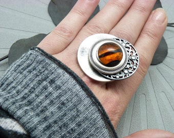 Big Bronze Ring, Aged Silver, Lace Metal, Adjustable Adjustable Pandora Orange Offset Dark Green Glass