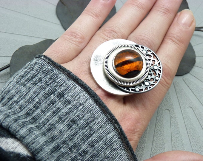 Featured listing image: Big Bronze Ring, Aged Silver, Lace Metal, Adjustable Adjustable Pandora Orange Offset Dark Green Glass