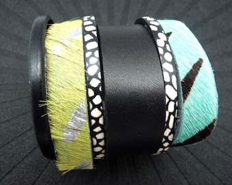 Magnetic women's leather cuff bracelet, silver anise green turquoise zebra hair, black and white, wide 6 cm TRANCE