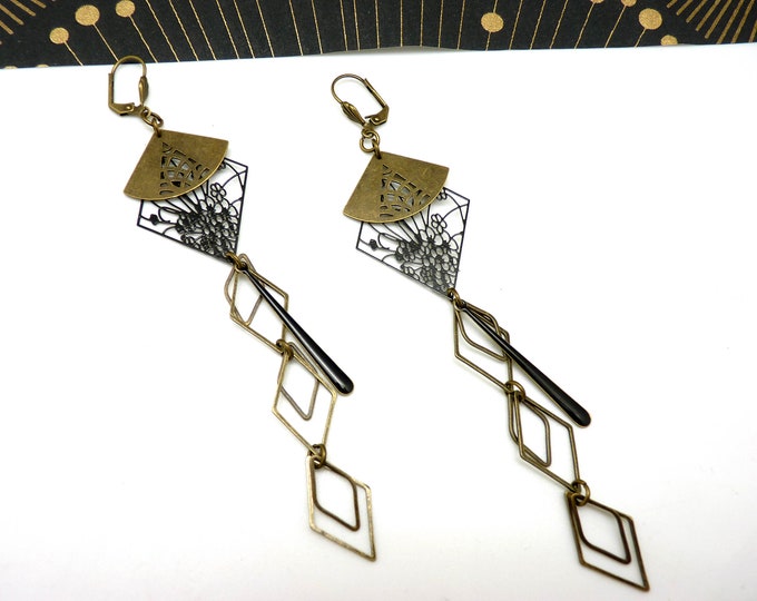 Long bronze and black Japanese-style metal filigree enamel earrings YUGAMI clip-on option