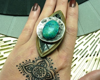 Huge long chrysocolla turquoise stone ring in horn and silver metal INDIGENE adjustable adjustable