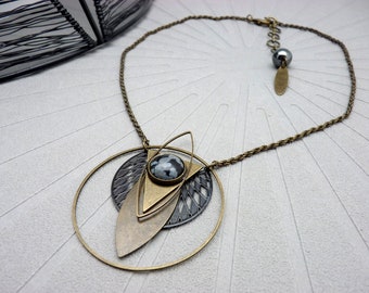 STAKY black gray obsidian stone pendant necklace with graphic bronze metal