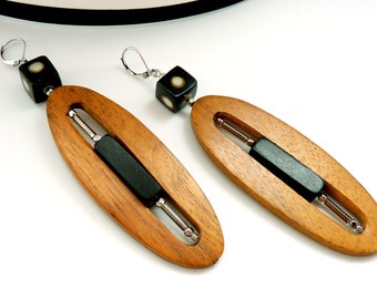 Long orange and black wooden earrings with ethnic graphic metal horn GLORIOUS option Clips last piece!