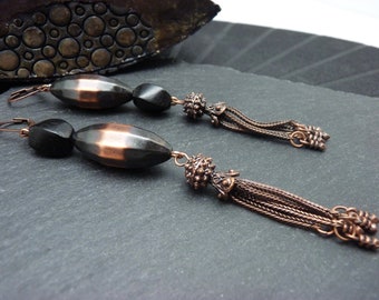 Asymmetrical copper and black earrings, metal, wood, metallic resin COPPER LOVE clip option