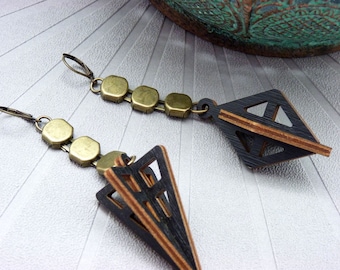 3D asymmetrical earrings in black wood, bronze metal 3D WOOD clip option