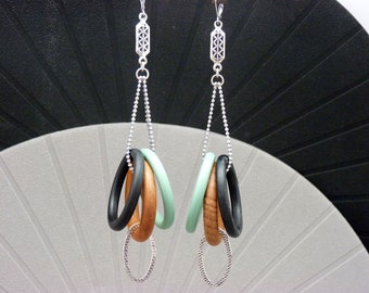 Large silver earrings, flat chain and large wooden rings, brown resin, green, black KOOLSHANE Clips option Last pair!