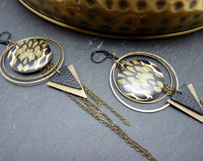 Khaki wood leather reptile earrings - ethnic hoops - ANIMOL clips option