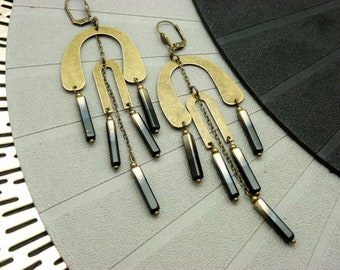 Art deco bronze metal earrings and bi-color black and bronze glass stick LEMPICKA clip option