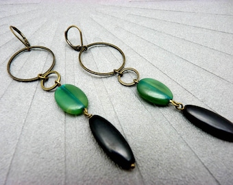 Long earrings | DARLENE | Green, Black and Bronze Horn with clip-on option
