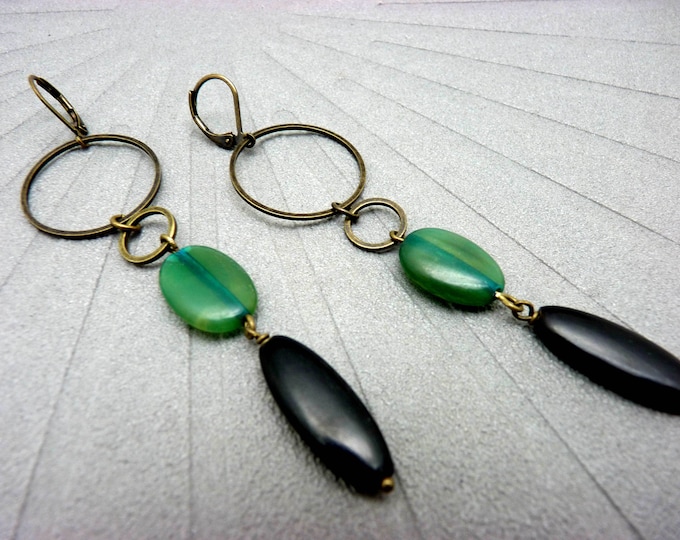 Long Green, Black and Bronze Horn Earrings | DARLENE | Clip-on option
