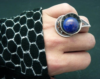 Long silver ring in metal and indigo blue glass | CASHMERE | adjustable - Last piece!