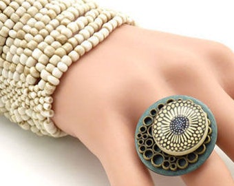 Adjustable denim blue wood ring and ecru flower NEBULEUSE adjustable Best seller!