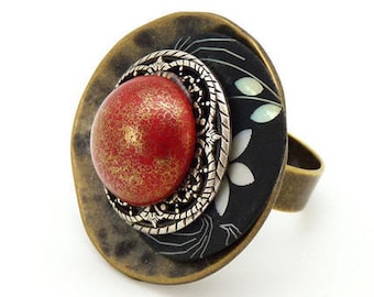 Ring red glass, bronze metal, mother-of-pearl romantic flower MELDA adjustable