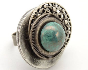 PANDORA Large Silver Metal and Aqua Turquoise Glass Ring