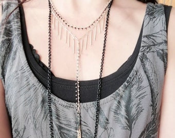 Long matte gold and black chic multi-chain necklace Y necklace CALLIPYGE