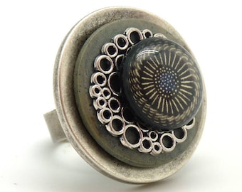 NEBULEUSE silver metal ring and adjustable denim blue wood