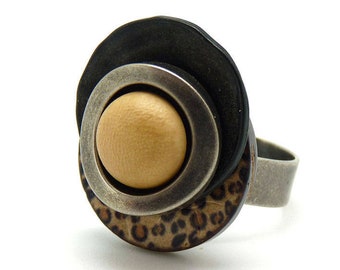 Leopard wood ring, resin, metal, ethnic LEOPARD adjustable adjustable Best seller