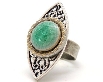 Long water green silver ring in metal and ceramic MARQUISE shape adjustable adjustable