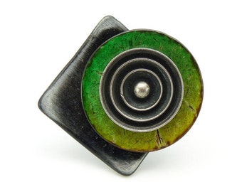 Large anise green wood ring with graphic gunmetal design | SPECIAL K | Adjustable - Last piece! - KUMKA